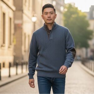 Men's Textured Half-Zip Sweater with Contrast Elbow Patches - Blue